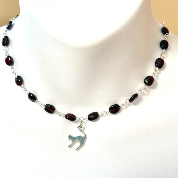Genuine Garnet Short Necklace, Natural Gemstone w/ Slim Cat Pendant - Picture 2 of 15